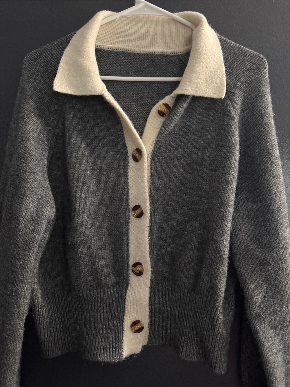 Button-Front Collared Cardigan in Gray and Cream